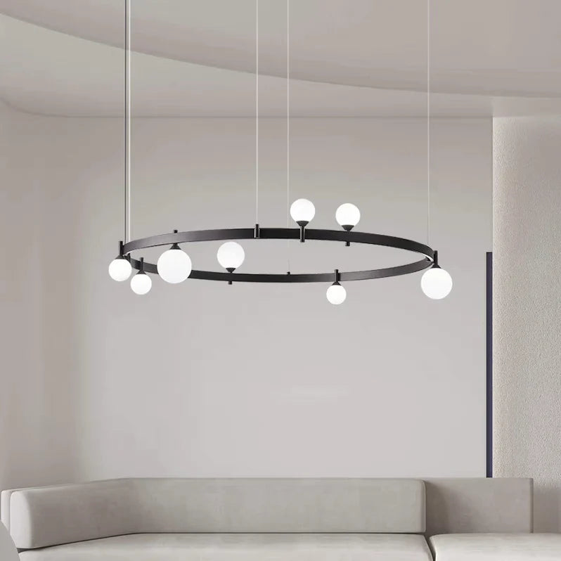 Oversized Minimalist Black Iron Ring Glass Light Chandelier for Living/Dining Room