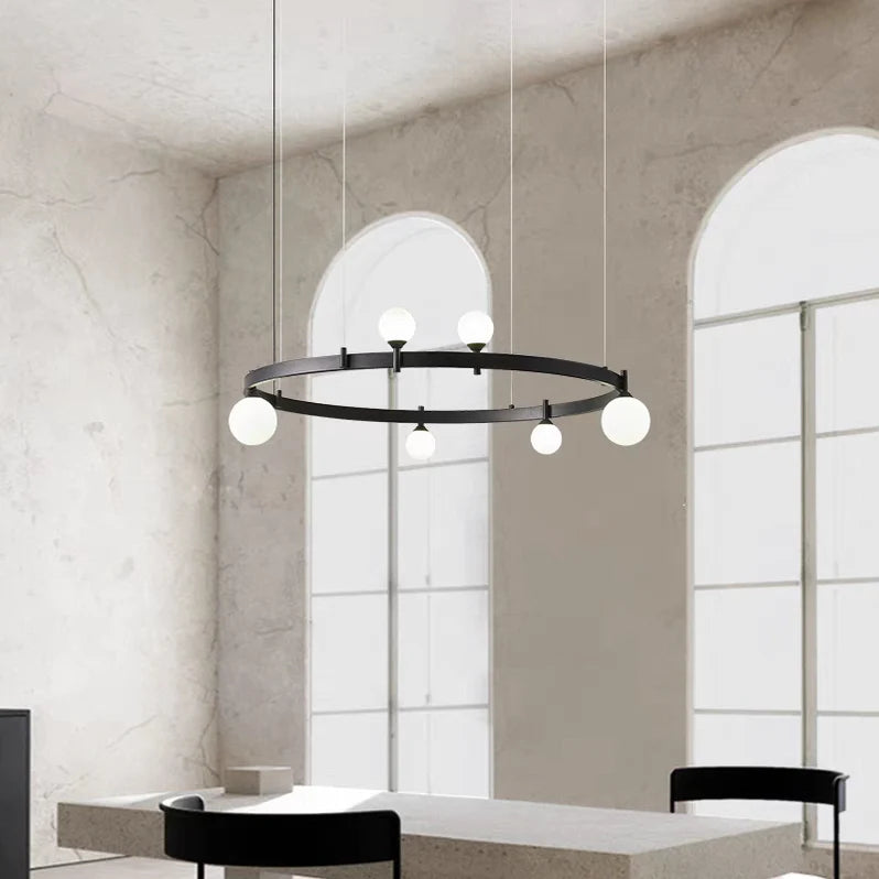 Oversized Minimalist Black Iron Ring Glass Light Chandelier for Living/Dining Room