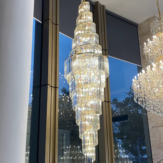 Extra Large Luxury Spiral Crystal Chandelier in Gold Finish With Wall Light