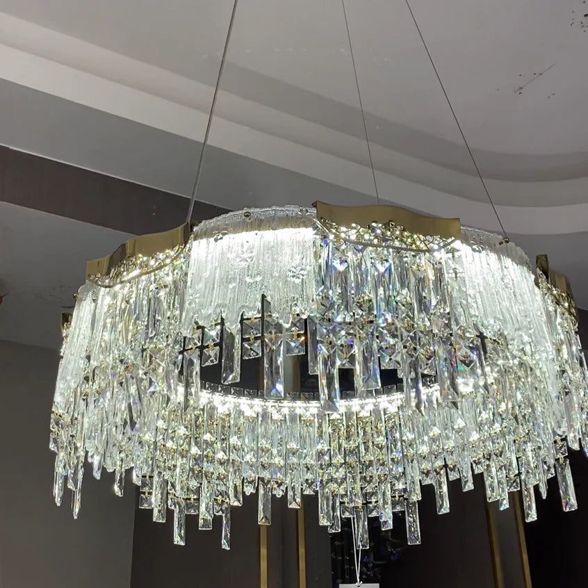 Modern Light Luxury 1/2-Tier Round/Rectangular Crystal Chandelier In Champagne Gold Finish for Living Room/Dining Room/Bedroom