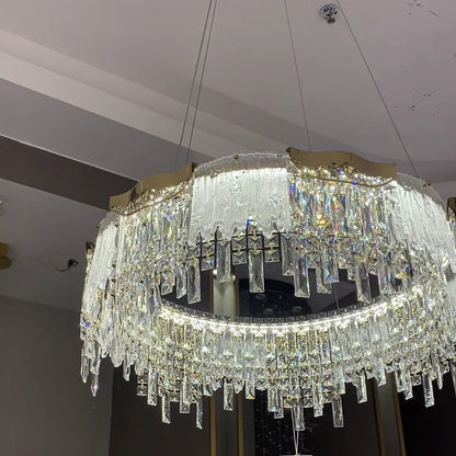 Modern Light Luxury 1/2-Tier Round/Rectangular Crystal Chandelier In Champagne Gold Finish for Living Room/Dining Room/Bedroom