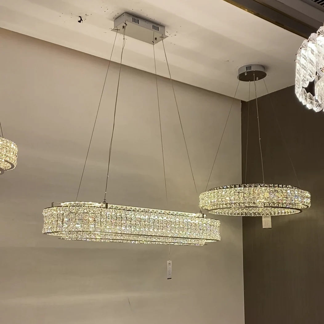 Light Luxury Two-Layered Round/Oval Crystal Chandelier for Living/Dining Room/Kitchen Island