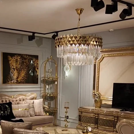 Luxury 1/2-Tier Round/Rectangular Gold Finish Crystal Chandelier for Living Room/Bedroom