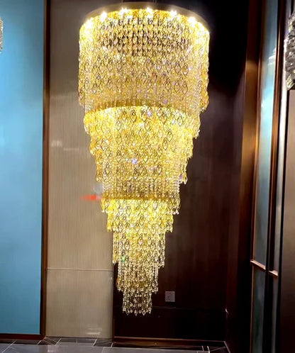 Luxury Multi-tiered Gold Feather Waterfall Crystal Chandelier for Villa/Staircase/Foyer/Living Room