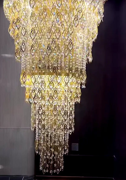 Luxury Multi-tiered Gold Feather Waterfall Crystal Chandelier for Villa/Staircase/Foyer/Living Room