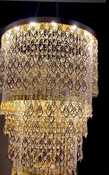 Luxury Multi-tiered Gold Feather Waterfall Crystal Chandelier for Villa/Staircase/Foyer/Living Room