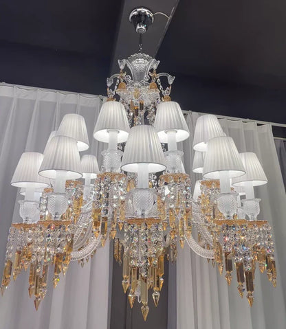 Large Light Luxury Classic Tiered Yellow Crystal Candle shaded Chandelier for High-ceiling Rooms/Living Room