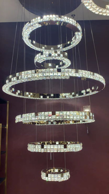 Modern Luxury 1/2/3/6-Ring Crystal Pixel Cube Chandelier Set for Staircase/Foyer/Living Room