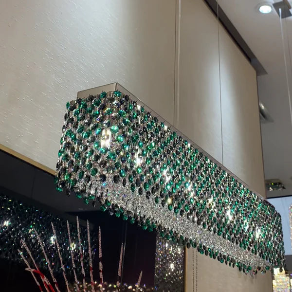 Modern Rectangular Green/Smoky Grey Crystal Chandelier for Dining Room