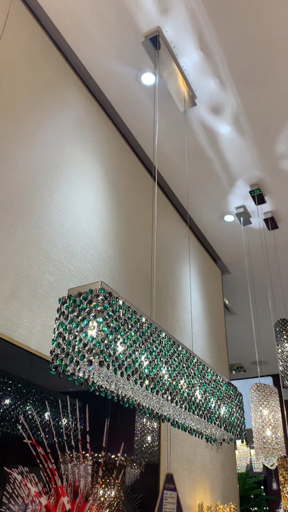 Modern Rectangular Green/Smoky Grey Crystal Chandelier for Dining Room