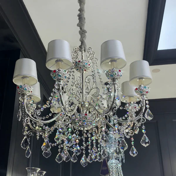 Luxury Candle Light Colorful Crystal Chandelier in Silver Finish