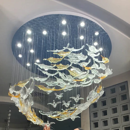 Modern Floating Glass Leaves Chandelier for Staircase/Foyer/High-ceiling Living Room