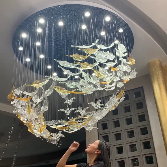 Modern Floating Glass Leaves Chandelier for Staircase/Foyer/High-ceiling Living Room