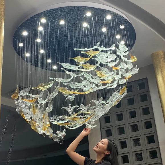 Modern Floating Glass Leaves Chandelier for Staircase/Foyer/High-ceiling Living Room