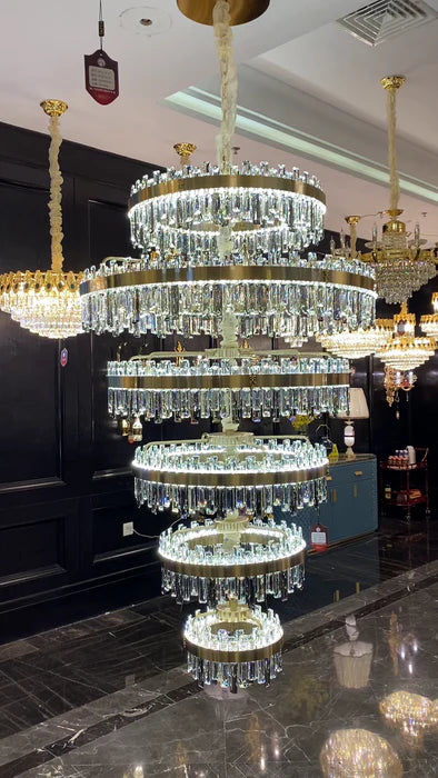 Luxury 6-Tier Ring Crystal Chandelier for High-ceiling