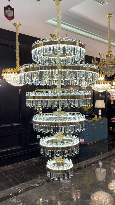 Luxury 6-Tier Ring Crystal Chandelier for High-ceiling