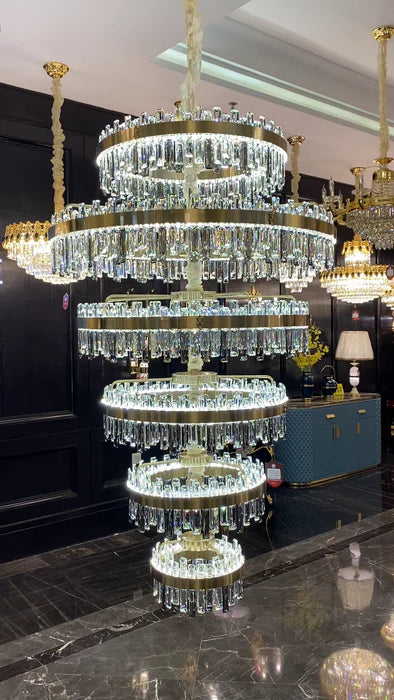 Luxury 6-Tier Ring Crystal Chandelier for High-ceiling