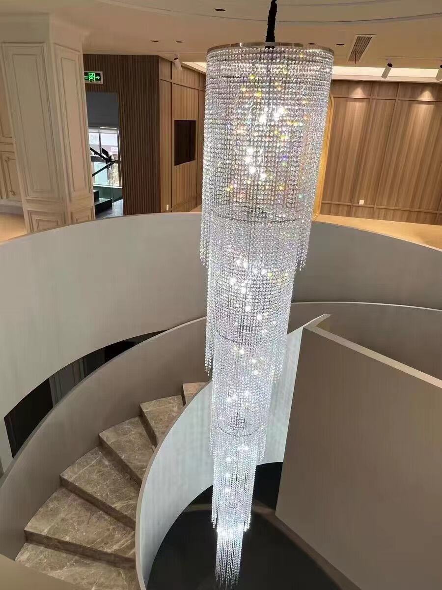 Extra Length Luxury Crystal Chandelier For Staircase / 2 Story Multi-layered Long Light Fixture