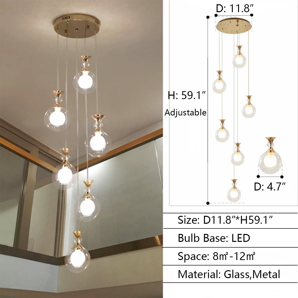 6Lights: D11.8"*H59.1" chandelier,chandeliers,ceiling,glass,metal,glass shade,ball,gold,sphere,round,ceiling,adjustable,extra long,long,living room,dining room,stairs,loft,entrys,hallway,duplex hall