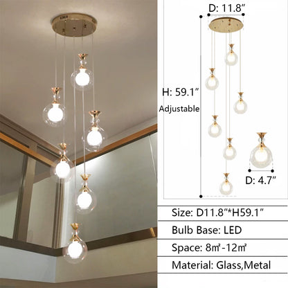 6Lights: D11.8"*H59.1" chandelier,chandeliers,ceiling,glass,metal,glass shade,ball,gold,sphere,round,ceiling,adjustable,extra long,long,living room,dining room,stairs,loft,entrys,hallway,duplex hall