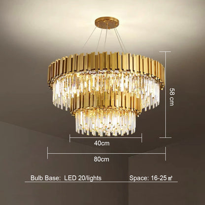 Tiered Gold Chandelier With Rectangle-Cut Crystal Modern LED Hanging Light