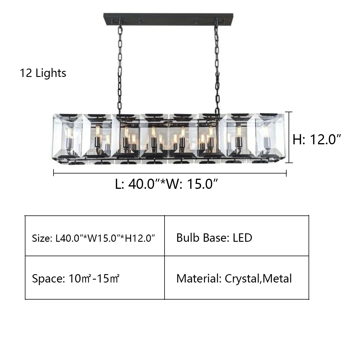 L40.0"*W15.0"*H12.0" Tundra Crystal Rectangular Chandelier,CHANDELIER,chandeliers,pendant,rectangle,ceiling,longg table,crystal,metal,black,minimalist,dining table,dining bar,kitchen bar,kitchen island