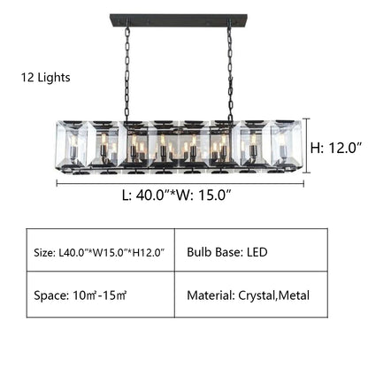 L40.0"*W15.0"*H12.0" Tundra Crystal Rectangular Chandelier,CHANDELIER,chandeliers,pendant,rectangle,ceiling,longg table,crystal,metal,black,minimalist,dining table,dining bar,kitchen bar,kitchen island