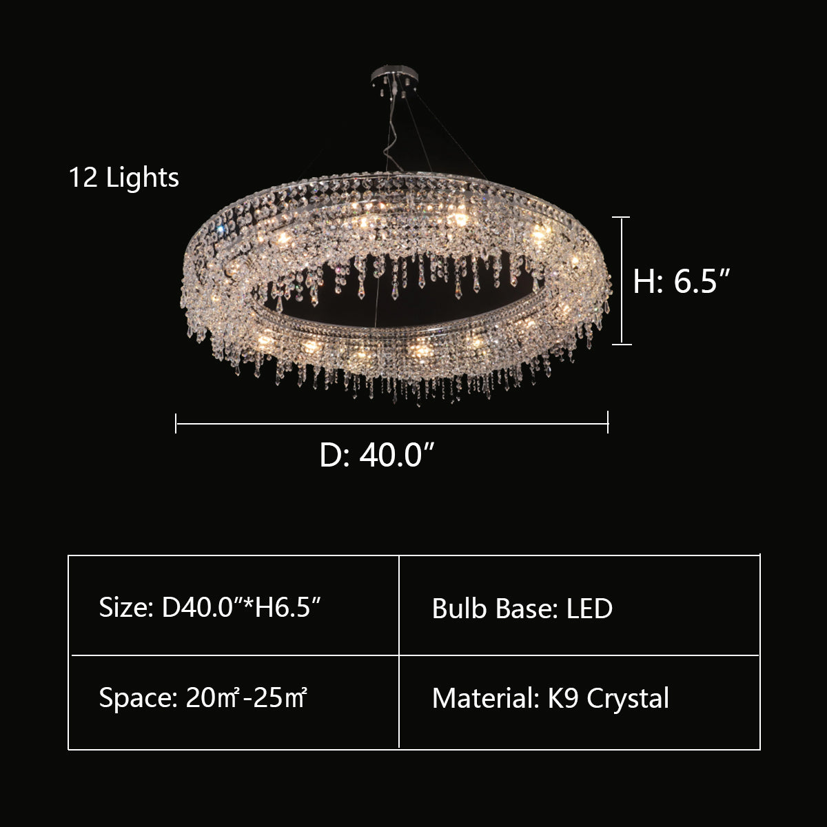 12Lights: D40.0"*H6.5" LUCID HALO ROUND CRYSTAL RING CHANDELIER，chandelier,chandelirs,lights,lamp,pendant,ring,halo,round,circle,hallow,crystal,crystal pendant,luxury,modern,raindrop,teardrop,ceilig,chain,adjustable,living room,dining room,entryance,foyer,foyers