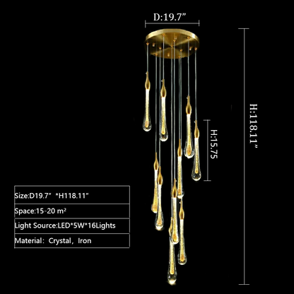 customization extra large extra length 118inch golden staircase crystal chandelier 16 lights