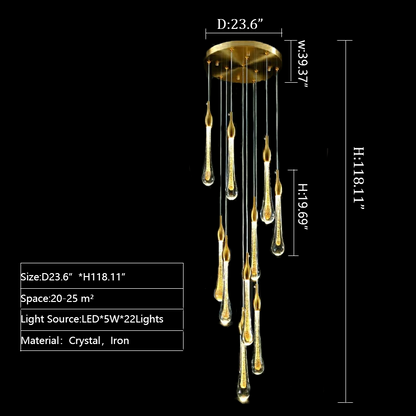 golden crystal chandelier staircase modern style water drop shaped beautiful classic foyer big house loft apartment must have 118inch extra large extra length