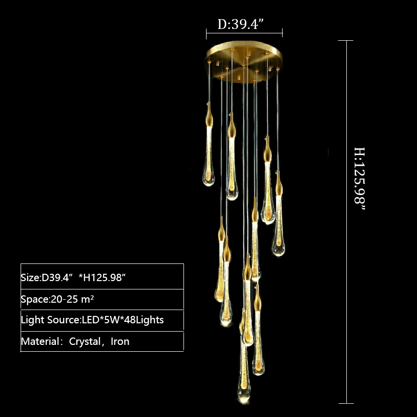 Extra Length Customization 48 Lights/ D39.4" Foyer Crystal Drops Pendant Chandelier Spiral Staircase High Ceiling Light Fixture In Gold Finish for 2 Story Foyer Lobby Hotel