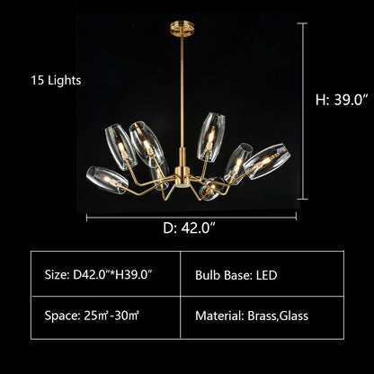 15Lights: D42.0"*H39.0" Amira Branching Glass Globe Chandelier,chandelier,chandeliers,glass,brass,gold,blacke,clear,smoke,cup,branch,ceiling,living room,dining room,home office,bar