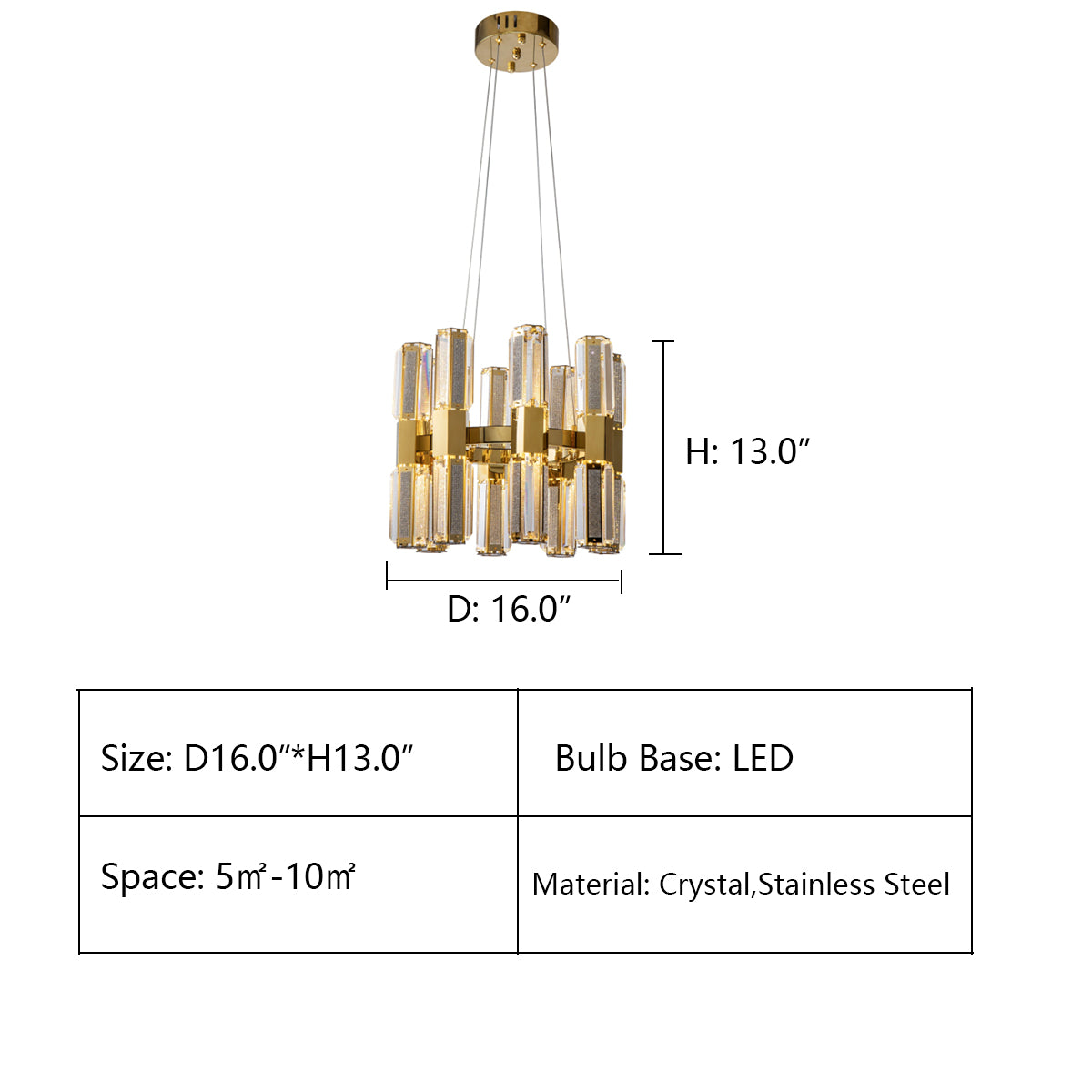 D16.0"*H13.0" OLIVIA 1-TIER ROUND CRYSTAL LED CHANDELIER,chandelier,chandeliers,pendant,light,lamp,crytsal,gold,luxury,rods,stainless steel,branch,round,rings,circle,luxury,chain,living roo,foyer,dining room,bedroom,enytrys,hallway