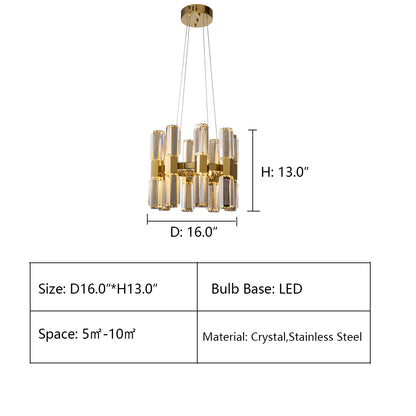 D16.0"*H13.0" OLIVIA 1-TIER ROUND CRYSTAL LED CHANDELIER,chandelier,chandeliers,pendant,light,lamp,crytsal,gold,luxury,rods,stainless steel,branch,round,rings,circle,luxury,chain,living roo,foyer,dining room,bedroom,enytrys,hallway