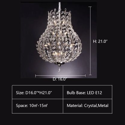 D16.0"*H21.0" Roux Crystal Leaf Chandelier,chandelier,chandeliers,living room,dining room,bedroom,foyer,entrys,crystal,branch,chrome,silver,metal,leaf,leaves,raindrop,teardrop,pendant,chain,flower,luxury,modern