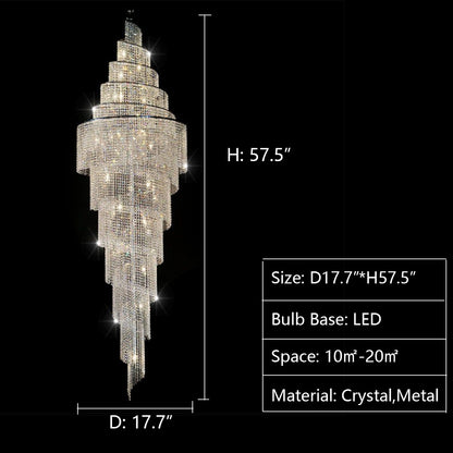 D17.7"*H57.5" chandelier,chandeliers,pendant,crystal,metal,chrome,luxury,spiral,extra long,extrao large,large,long,oversized,huge,big,crystal chain,round,stairs,foyers,entrys,hotel lobby,loft,duplex hall