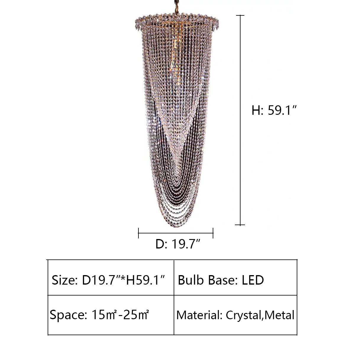D19.7"*H59.1" chandelier,chandeliers,pendant,ceiling,extra large,extra long,long,large,oversized,huge,big,round,waterfall,crystal,metal,high quality,tiers,layers,multi-tier,chain,crystal chain,Staircase, Living Room, Hotel Lobby, Wedding, Hallway, Entryance