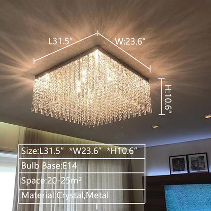 L31.5"*W23.6"*H10.6" chandelier,chandeliers,crystal,metal,tassel,flush mount,ceiling,rectangle,square,tiers,living room,dining room,bedroom,bathroom,Walk-in wardrobe