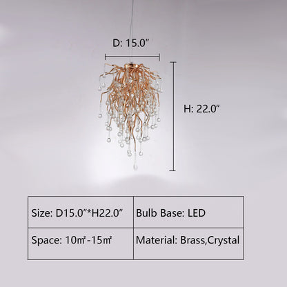 D15.0"*H22.0" Livio 15 Branching Round Teardrop Pendant Light,chandeleir,chandeliers,branch,brass,copper,gold,crystal,round,ball,chain,adjustable,bedside,gold,luxury,light luxury,dining room,bar,kitchen island