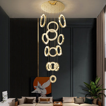 Modern Multi Gold Donuts Shape Crystal Chandelier Ring Round Light Fixture for Foyer Staircase/ Living Room/ Bar/ Hotel Lobby/ Entryway/ LOFT