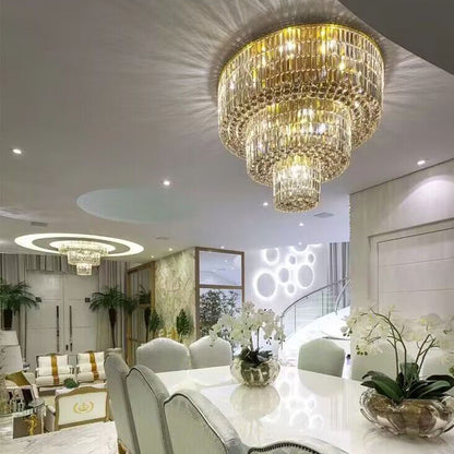 Flush Mount Modern Luxury 3-Tier Gold Round Crystal Chandelier for Living/Dining Room