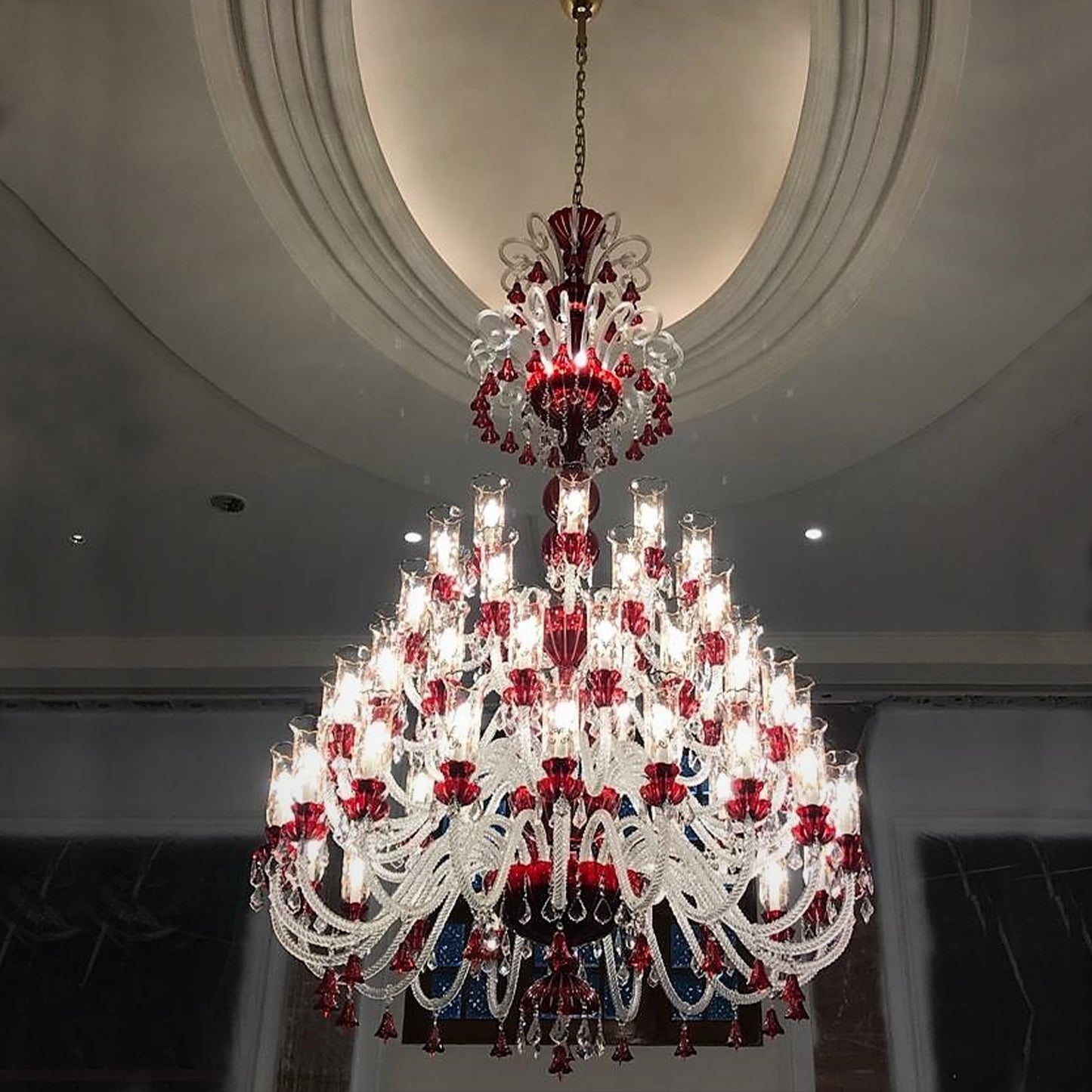 Oversized Traditional Red Glass Multi-layer Candle Branch Crystal Chandelier for Foyer/Stairs/Entrys/Hotel Lobby