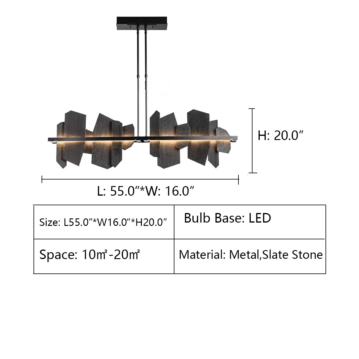 Rectangle: L55.0"*W16.0"*H20.0" Ardesia LED Chandeliers,40"W ROUND SLATE NATURAL STONE LED INDUSTRIAL CHANDELIER,chandeleir,chandeliers,round,ring,circle,stone,metal,black,ceiling,chain,irregular,living room,dining room,bedroom,moderm,cool,linear