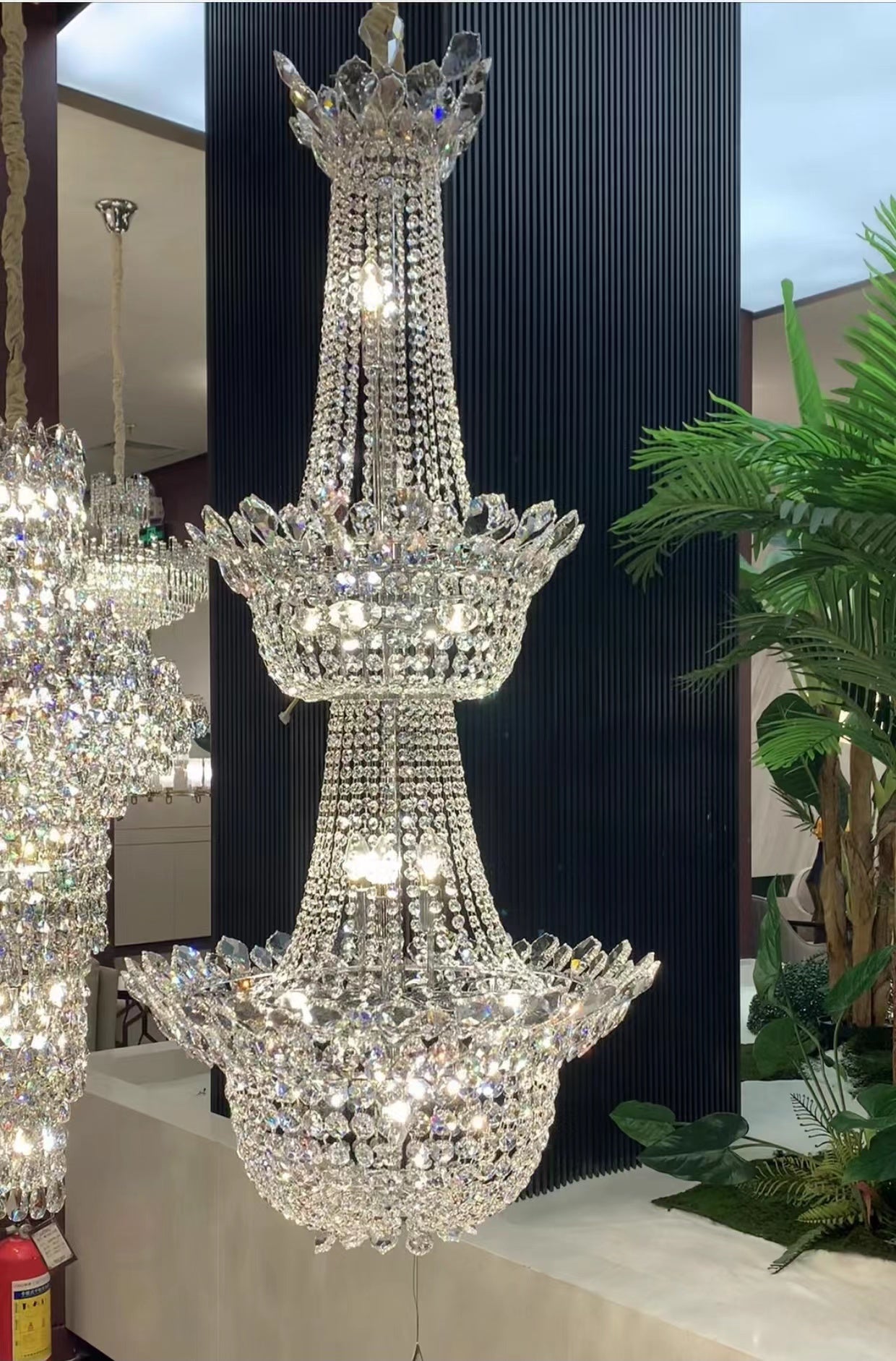 27.6'' round long crystal chandelier 2 layers shiny staircase