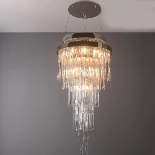 LAVAL WATERFALL TUBULAR FOYER CHANDELIER,chandelier,chandeliers,crystal,metal,luxury,multi-tier,large,oversize,huge,big,long,pendant,ceiling,layers,waterfall light,foyer,living room,high-ceiling room,high ceiling,stairs