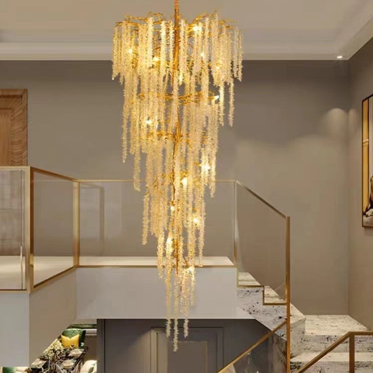 chandelier,chandeliers,branch,flower,aluminium,crystal,extra large,oversized,long,big,huge,large,extra long,gold,luxury,stairs,high-ceiling room,foyer,duplex hall