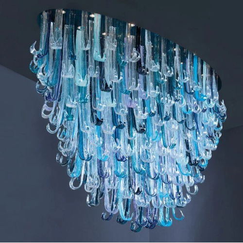 BLUE RAINFALL / WATERFALL MURANO GLASS CHANDELIER,chandelier,chandeliers,flush mount,ceiling,sea wave,blue,crystal,tiers,layers,oval,round,art,creative,foyer,living room,dining room,stairs