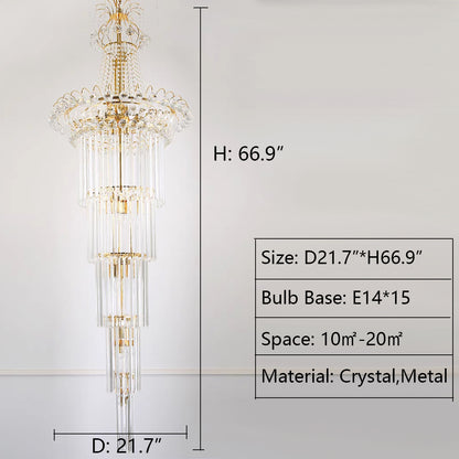 D21.7"*H66.9" chandelier,chandeliers,pendant,crystal,high quality k9 crystal,metal,gold,black,clear crystal,oversized,extra large,large,big,huge,,luxury,light luxury,ceiling,crystal chain,rods,living room,foyer,entrys,big hallway,spiral staircase,stairs,entryance,loft,duplex hall,hotel lobby