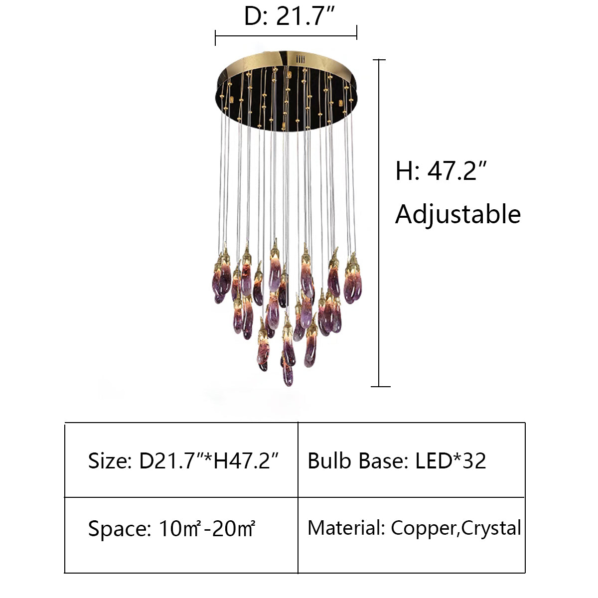 D21.7"*H47.2" chandelier,chandeliers,pendant,ceiling,flush mount,adjustable,chain,natural crystal,crystal,copper,brass,gold,purple,Aubergine,art,creative,round,living room,dining room,foyer,entrys,hallway,stairs