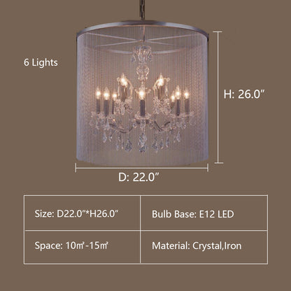 6Lights: D22.0"*H26.0" VAILE CHAIN LINK CURTAIN CRYSTAL 12-LIGHT 32" CRYSTAL CHANDELIER,chandelier,chandeliers,pendant,crystal,iron,tassel,curtain,candle,crystal pendnat,branch,round,circle,raindrop,teardrop,chrome,silver,bedroom,dining room,living roo,foyer,entrys